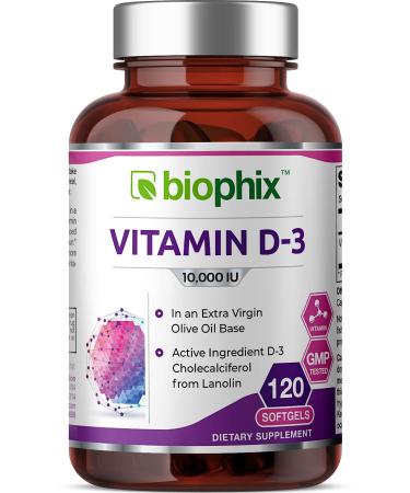 Vitamin D-3 10000 IU 120 Softgels - High-Potency in Extra Virgin Olive Oil Non-GMO Soy-Free Supports Strong Bones Immune Health and K2