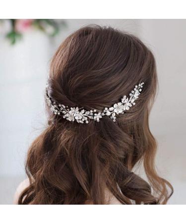 Handcess Flower Wedding Hair Vines Silver Pearls Crystal Headpieces Leaves Rhinestone Bridal Hair Accessoreies for Women and Girls - Buy Online on GoSupps.com