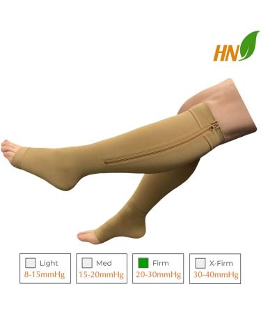 Big Tall Open Toe 20-30 mmHg Compression Plus Wide Calf Leg Socks - Beige with Zipper (S/M) | International Shipping Available - Buy Online on GoSupps.com