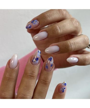 Mouyouglow press on nails short almond white nude blue flowers fake nails with nail glue almond gold dust vessels acrylic artificial fingernails Q22