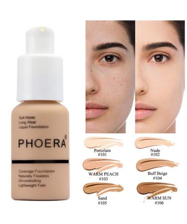 Glamza PHOERA Full Coverage Matte Foundation + Concealer Makeup Long Lasting UK - 102 NUDE + Flat Face Brush - Buy Online on GoSupps.com