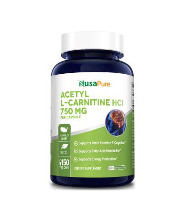 Acetyl L-Carnitine 750mg Per Caps 150 Veggie Capsules (Non-GMO & Gluten Free) High Potency Acetyl L Carnitine HCL (ALCAR) Supplement Pills