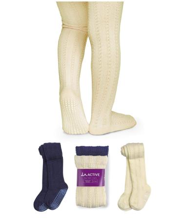 LA Active Baby Girls Tights - Cozy Warm WinterTights - Baby Toddler Infant Newborn Kids Non Skid/Slip Grip Cotton Cable Knit 2T 3T 4T 5T 3-6 Months Golden Cream and Navy Blue - 2 Pairs