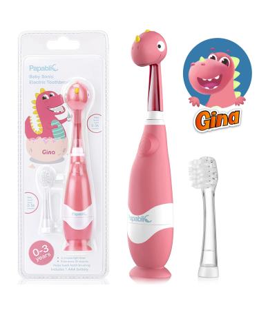 Papablic Baby Sonic Electric Toothbrush, Toddler Toothbrush for Ages 1-3 Years with Cute Dino Cover and Smart LED Timer (Gina) 2 Brush Heads Gina