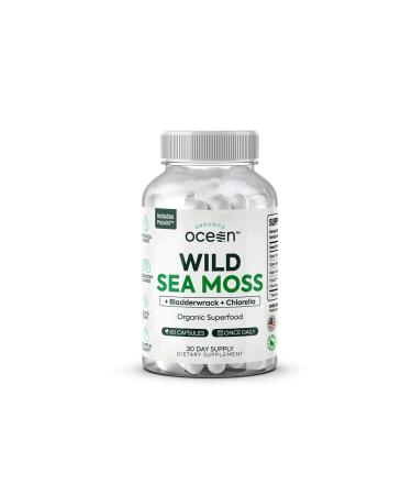 Organics Ocean Wild Sea Moss Capsules - 100% Organic Irish Sea Moss with Organic Chlorella Bladderwrack and Vitamin D for Energy Lung Health and Thyroid Support for Women and Men - 60 Capsules 60 Count (Pack of 1)