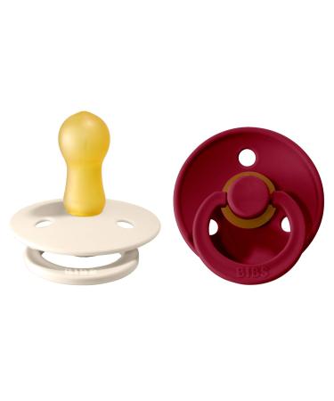 BIBS Colour Baby Pacifier 2-Pack | Made in Denmark | BPA Free Dummy Soother Round Nipple. Natural Rubber Latex Size 2 (6-18 Months) Ivory/Ruby