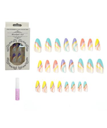 Luvadeyo 24 PCs Almond Press-On Nails | Rainbow Acrylic Fake Nails with Glue for Women & Girls - Buy Online on GoSupps.com