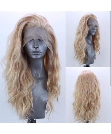 ELESTY Long Natural Curly Glueless Lace Front Wig Gloden Blonde Synthetic Lace Front Wigs for Women Left Part Glueless Heat Resistant Fiber Hair Daily Party Wig B-T Curly