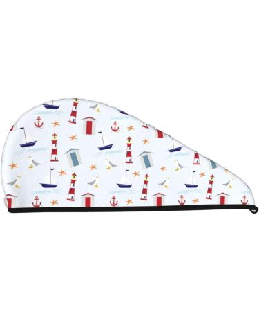 Soft Super Absorbent Nautical Lighthouse Sailboat Hair Towel Wrap for Women - Quick Dry Coral Velvet Microfiber Cap for Long Curly & Thick Hair - Buy Online on GoSupps.com