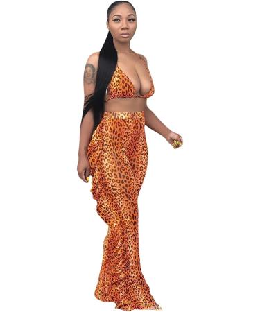 Women's 2-Piece Sweatpants Suit Set | Ruffle Crop Top & Long Pants Jumpsuit Outfit | Orange, Medium - Buy Online on GoSupps.com