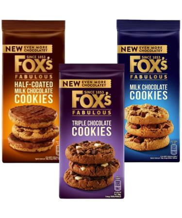 Chocolate Cookies Bundle with Fox's Fabulous Triple Chocolate Cookies 180g Fabulous Milk Chocolate Cookies 180g and Fabulous Half-Coated Milk Chocolate Cookies 175g (3 Pack)