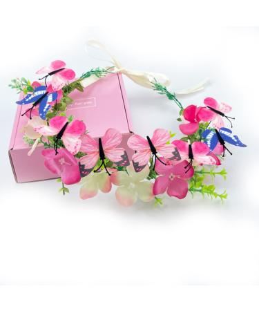 YEUPYL Pink Butterflies and Flowers Crown Girls Headpiece hair Wreath Butterfly Floral Garland Crown Pink Butterfly Headband for Wedding Party Festival Photo Prop