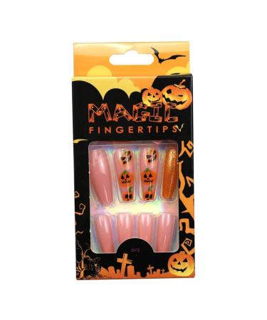 Halloween Nail Stickers Halloween Press on Nails Medium Length Fake Nails Acrylic Nails Pumpkin Black Flame Cross head Design Nails Fake Nails Glue for Women and Girls