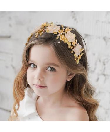 IYOU Flower Wedding Headbands Yellow Pearl Headpiece Floral Birthday Communion Bridal Hair Accessories for Girls