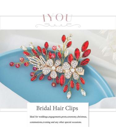 IYOU Crstal Wedding Hair Clip Flower Red Barrette Headpiece Rhinestone Hair Combs Prom Bridal Hair Accessories for Women - Buy Online on GoSupps.com