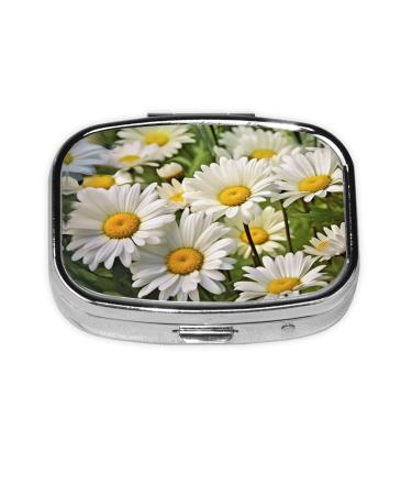 Floral Flowers Daisies Printing 2 Compartment Small Pill Case Cute Small Pill Box Purse Pill Boxs Travel Pill Organizer for Pocket Purse and Travel Gifts