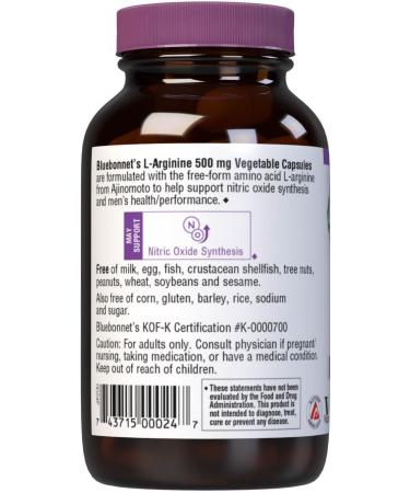 Bluebonnet Nutrition L-Arginine 500mg Free-Form Amino Acid Nitric Oxide Precursor Soy-Free Gluten-Free Non-GMO Kosher Certified 50 Vegetable Capsules 50 Servings 50 Count (Pack of 1) - Buy Online on GoSupps.com