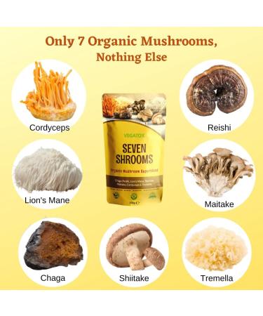 Organic Seven Mushroom Powder Blend with Chaga, Reishi, Lion's Mane & Cordyceps - 100g | Vegatox - Buy Online on GoSupps.com