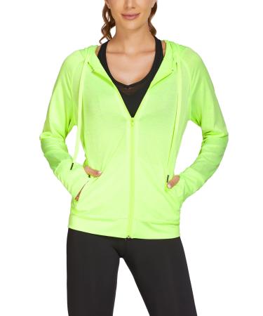 ELESOL Women's Athletic Hoodies Long Sleeve Workout Hooded Jacket Full Zip Thumb Hole Track Outerwear with Pockets S-XXL Fluorescent Green Small