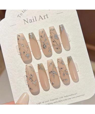 24Pcs/Set Press On Nails Long Vine Flower Diamond False Nails Acrylic Fake Nails Full Cover Nails Tips Artificial Finger Manicure Press on nails for Women and Girls - Buy Online on GoSupps.com