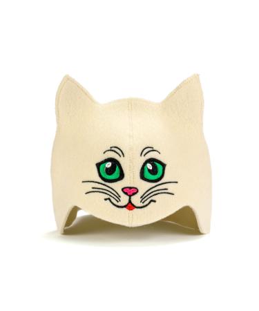 Natural textile saunahut "Sauna kitten green" white - 100% organic wool felt cap for Russian banya - Protect your head from heat - Sauna eBook guide - with embroidery