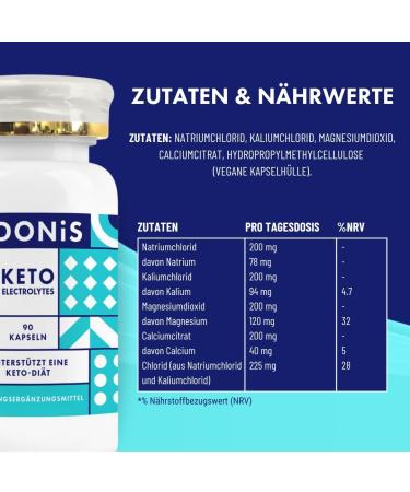 Adonis Keto Electrolyte Supplement | Sugar-Free Carb-Free Rehydration | Essential Sodium Potassium Magnesium & Calcium | Vegan & Keto-Friendly | 90 Capsules - Buy Online on GoSupps.com