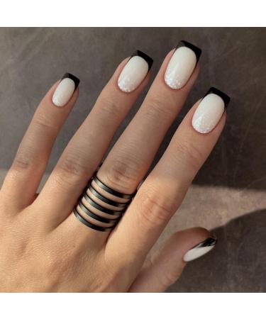 Mouyouglow press on nails short Square white black French silver glitter fake nails with nail glue angular black tip artificial fingernails Q27