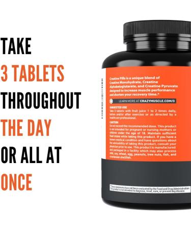 Crazy Muscle Creatine Monohydrate Pills Premium 3 Type 5g Creatine Pills Pre and PostWorkout & Keto Energy Builder Easy to Take Three-Atine for Optimum Performance Men Women 180 Tablets - Buy Online on GoSupps.com