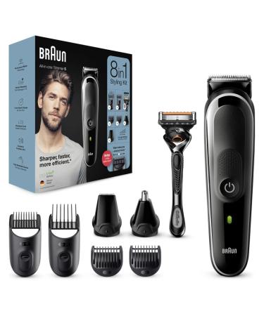 Braun 8-In-1 All-In-One Series 5 Male Grooming Kit With Beard Trimmer Hair Clippers Ear & Nose Trimmer & Gillette Razor 6 Attachments Gifts For Men UK 2 Pin Plug MGK5260 Black/Grey