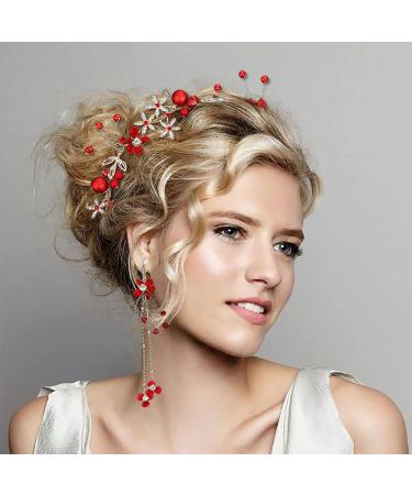 Drokit Red Flower Tiara Bridal Headpiece and Earrings Set - Wedding Hair Jewelry and Accessories - Buy Online on GoSupps.com