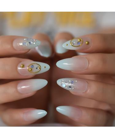 Ombre Almond Medium Fake Nails with Rings Holo Glossy 3D Bling Press On Nails Nude Light Green Gradient False Nail Tips 24pcs/kit