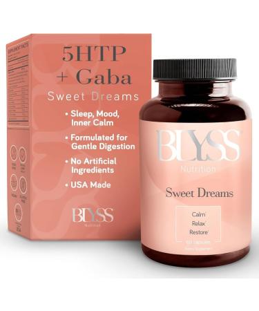 BLYSS Nutrition 5HTP Plus GABA Supplement - Supports Mood Relaxation Stress & Sleep - 200mg - Pure HTP-5 Capsules for Women - 60 ct