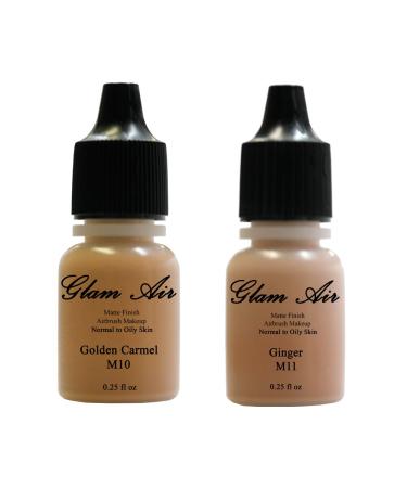 (2) Two Glam Air Airbrush Makeup Foundations M10 Golden Carmel & M11 Ginger for Flawless Looking Skin Matte Finish For Normal to Oily Skin (Water Based)0.25oz Bottles
