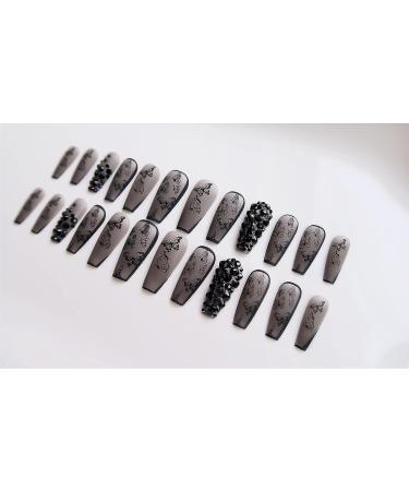 VOTACOS Long Coffin Black Press on Nails with 3D Rhinestone Butterfly Design - Matte Full Cover Stick on False Nails for Women | G2 BLACK 3D - Buy Online on GoSupps.com
