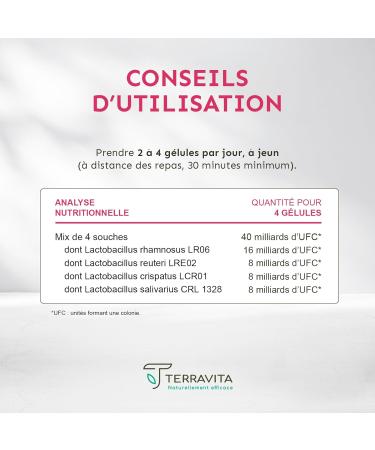 Probiotiques Flore Intime | 4 Souches Brevet es | 40 Milliards d'UFC | Lactobacillus Rhamnosus Reuteri Crispatus Salivarius | 60 G lules V g tales Gastro-r sistantes | Made in France | Terravita - Buy Online on GoSupps.com