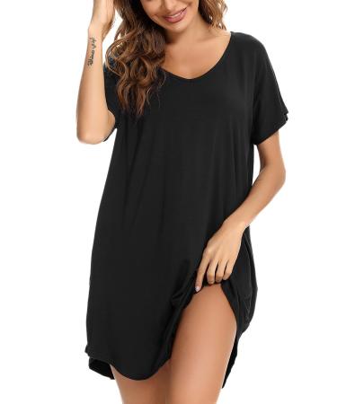 Aseniza Women's Nightdresses Nightshirt Nightgown Nightwear Loungewear V Neck Casual Loose Short Sleeve Oversized Sleepwear Style A-black S