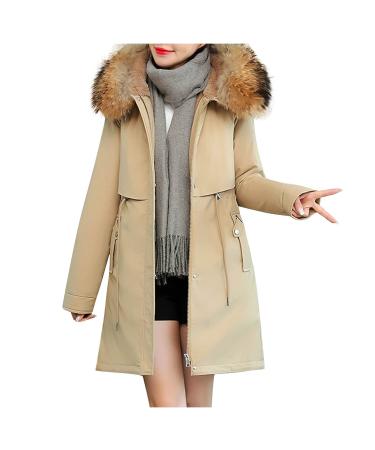 Haiorziyou winter jackets women transition jackets long -sleeved coat with hood and bags monochrome winter warm winter coat women zipper winter parka outdoor jacket function jacket m khaki