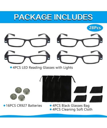 4 Pcs LED Reading Glasses for Men & Women - Lighted Magnifier Nighttime Readers Full Frame Eyewear Clear Vision - Unisex Fashion Glasses - Buy Online on GoSupps.com