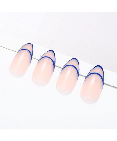 Glossy Almond Press on Nails Blue Line - 24Pcs Medium Oval Geometric French Tips for Women and Girls - Buy Online on GoSupps.com