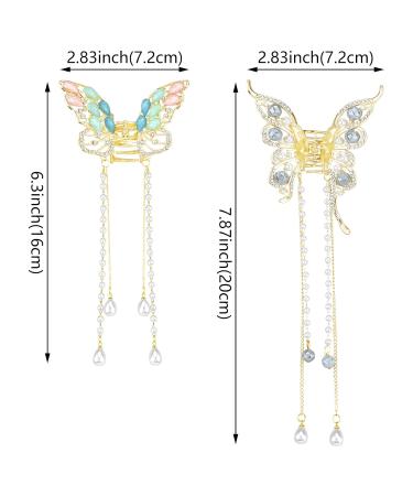 Gold Butterfly Tassel Hair Claw Clips - 2 Pcs Set | Rhinestone Pearl Crystal Metal Clips for Women & Girls - Buy Online on GoSupps.com