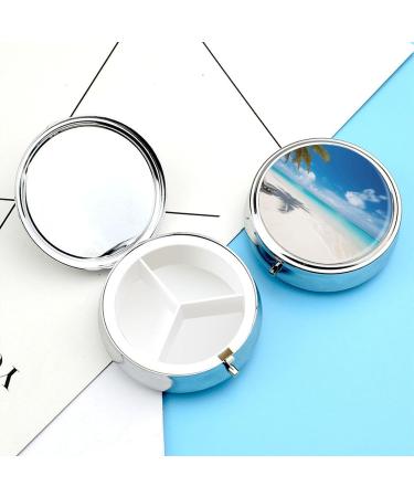 Round Pill Box - Tropical Beach Print | 3 Compartment Portable Medicine Organizer | Decorative Metal Pocket Pill Case - Style 30 - Buy Online on GoSupps.com