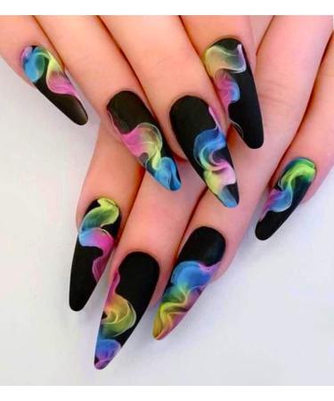 Artquee 24pcs Black Almond Press on Nails Medium Length Fake Nail Art with Colorful Graffiti Designs Acrylic Nails Artificial Matte Stiletto Nails in 12 Sizes Stick on False Nails Tips for Women Black Matte Colorful Graf...