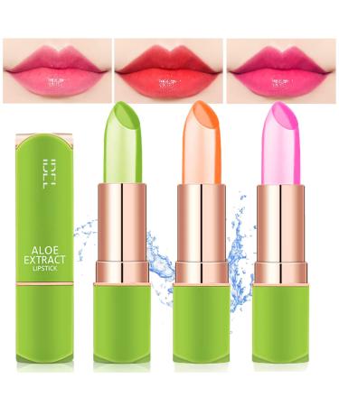ZARICS 3Pcs Aloe Vera Lipstick Color Changing Lip Balm Moisturizing Korean Lip Tint  Crystal Jelly Lip Stain Waterproof Moisturizer Magic PH Lipstick for Women Girls (Set A)