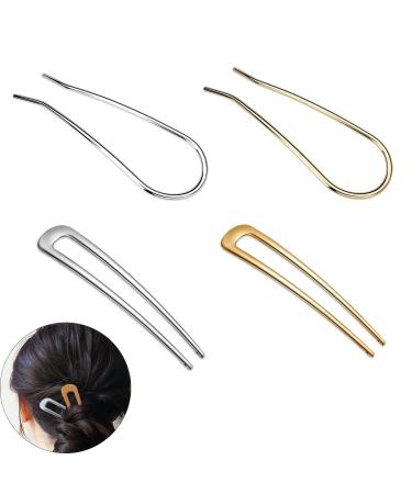 Tclobye 4 Pieces U Shaped Hair Pins Hair Stick French Hairpin 2 Prong Bun Metal Hair Fork for Women Thick Hair Styling Tool Accessorie(Gold and Silver)