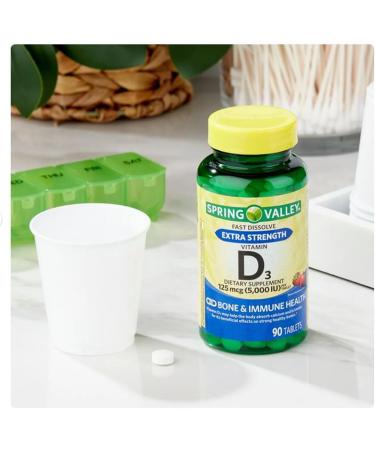 Extra Strength Vitamin D3 Fast Dissolve Tablets - 125 Mcg (5 000 IU) Dietary Supplement | Strawberry Flavor - 90 Count - International Shipping Available - Buy Online on GoSupps.com