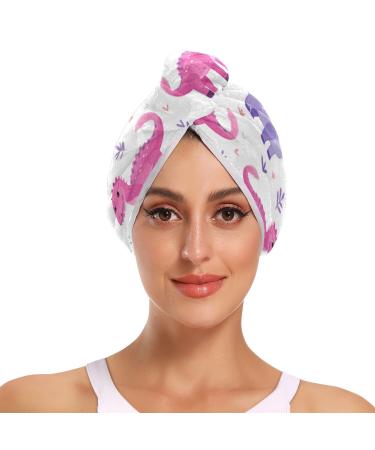Pink Purple Dinosaurs Plants Hair Towel 2 Pack Super Absorbent Hair Drying Towel Quick Dry Hair Turbans Head Towel with Button Twisty Wrap for Women Girls