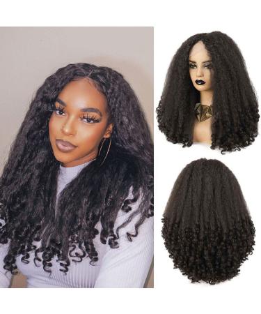 SOKU Afro Curly Lace Front Wig Synthetic Kinky Straight with Curly Ends T Part HD Transparent Swiss Lace Fluffy Bouncy Hair Wigs 20 Inch Dark Brown Heat Friendly Afro Wigs for Black Women 20 Inch T Part Lace-Dark Brown