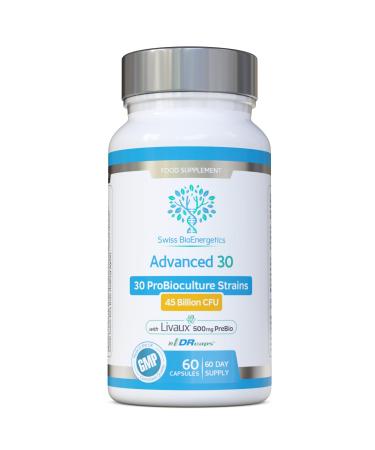 Bio Cultures Complex Probiotics & Prebiotics - Advanced 30 Strains & 45 Billion CFU with 500mg of Livaux PreBiotic per Capsule - 2 Month Supply in DR-Caps for Optimal delivery to The Gut - UK Made 60 count (Pack of 1)