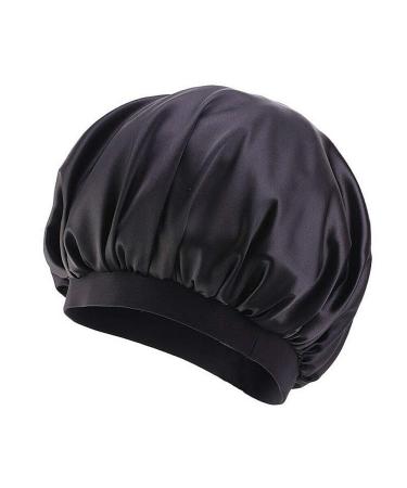Magik Women Satin Night Sleep Cap Hair Bonnet Hat Silk Head Cover Wide Elastic Band One Size Black
