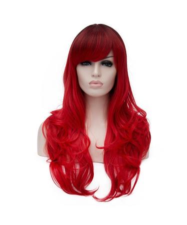 CLOCOLOR Wig Ombre Red Long Hair with Bangs Wig For Women Wavy Curly Heat Resistant Synthetic Hair